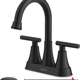 Bathroom Faucets for Sink 3 Hole, Hurran 4 inch Matte Black with Pop-up Drain and 2 Supply Hoses, Stainless Steel Lead-Free 2-Handle Centerset Faucet for Sink Vanity                 