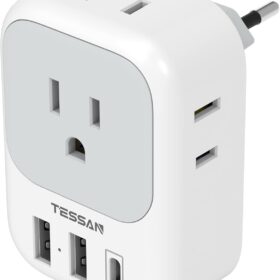 European Travel Plug Adapter USB C, TESSAN International Plug Adapter with 4 AC Outlets and 3 USB Ports, Type C Power Adaptor Charger for US to Most of Europe Iceland Spain Italy France Germany                 