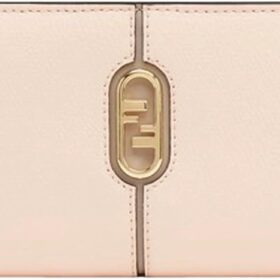 FENDI O'Lock Rose Pink and Tortora Gray Calf Leather Snap Continental Wallet, Medium                 