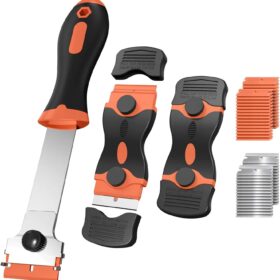 3 Pack Razor Blade Scraper Set, Includes 30 Plastic & 30 Metal Blades, Multi-Purpose Tool for Glass, Cooktop, Sticker Removal, Paint & Gum Cleaning (Orange)                 