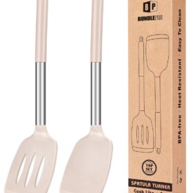 Pack of 2 Silicone Solid Turner, Non Stick Slotted Kitchen Spatulas, High Heat Resistant BPA Free Cooking Utensils, Ideal Cookware for Fish, Eggs, Pancakes(Stainless Steel Khaki)                 
