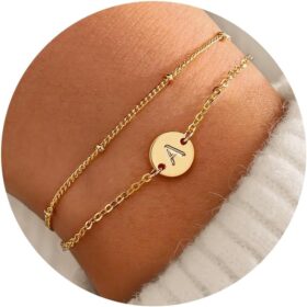 MONOZO Valentines Day Gifts for Her - Gold Initial Bracelets for Girls Women Trendy Dainty Gold/Silver Plated Layered Beaded Initial Bracelet Disc Monogram Bracelets for Women Girls Valentines Gifts  