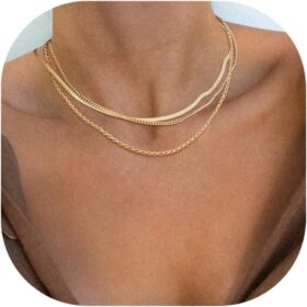 Herringbone Necklace for Women,Dainty Gold Necklace,14k Gold Plated Snake,Gold Chain Choker Necklaces,Simple Gold Layered Necklaces,Gold Jewelry Gift for Women                 