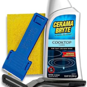Cerama Bryte Combo Kit POW-R Grip, Scraper, Pad & Removes Tough Stains Cooktop and Stove Top Cleaner for Glass - Ceramic Surfaces, 10 Ounces, 4 Piece                 