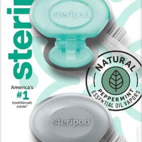 Steripod Clip-On Toothbrush Protector with Peppermint Essential Oils, Keeps Toothbrush Fresh and Clean, Travel Accessories, Fits Most Manual and Electric Toothbrushes, 2 Count                 