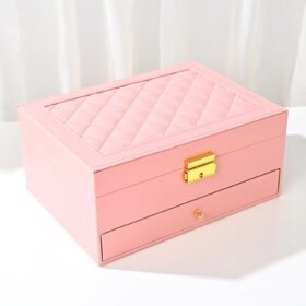 Jewelry Organizer Box for Women - Large PU Leather Jewelry Organizer Storage Case with Two Layers Display for Earrings Bracelets Rings Watches (Pink)                 