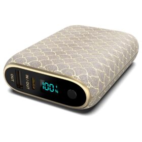 Halo RapidPack 10K DLX Power Bank | USB & USB-C Fast Charging for Multiple Devices, Smart Phones & Tablets, Synthetic Leather Wrapped, Portable Battery Charger, TSA Air Travel Approved  Champagne                 