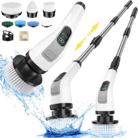 Electric Spin Scrubber, IPX7 Waterproof Power Shower Scrubber with Extension Handle, 7 Replaceable Brush Heads & 3 Hard Bristle Crevice Cleaning Brushes Cleaning Supplies for Bathroom Tub Tile Floor                 