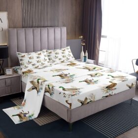 Farmhouse Style Bed Sheet Set 4 Piece,Wild Duck River Plant Sheets Full Size Sheets Set,Rustic Farm Wild Animal Soft Microfiber Bedding Set with Flat,Fitted Sheet,2 Pillow Cases                 