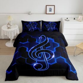 Blue Black Bedding Twin Musical Treble Clef Comforter Set, Glowing Honeycomb Bedding Comforter Sets Music Theme Duvet Insert, Classic Jazz Music Down Comforter Luxury Musician Popstar Room Decor                 
