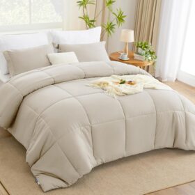 CozyLux Queen Comforter Set - Beige Comforter Queen Size, 3 Pieces Box Stitched Bed Set for All Seasons, Soft Lightweight Bedding Sets with 1 Down Alternative Comforter and 2 Pillow Shams                 