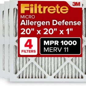 Filtrete 20x20x1 AC Furnace Air Filter, MERV 11, MPR 1000, Micro Allergen Defense, 3-Month Pleated 1-Inch Electrostatic Air Cleaning Filter, 4 Pack (Actual Size 19.69x19.69x0.81 in)                 