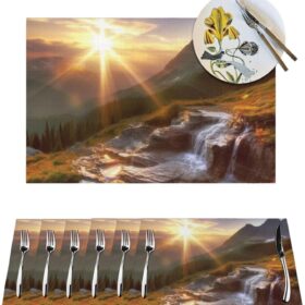 PVC Woven Placemats 1 PCS - Heat Resistant Non-Slip Place Mats for Dining Table Mat Indoor Outdoor Table Mats Washable Mountain Sunrise Landscape Placemats for Kitchen Dining Coffee Table                 