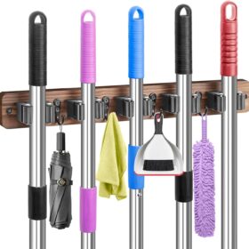 IMILLET Broom Holder Wall Mount, Wood Broom Holder with 5 Racks and 4 Hooks Broom Organizer, Laundry Room Organization and Storage, Mop Holder for Home Organization, Garden, Garage, Kitchen, Closet                 