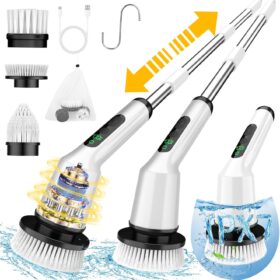 Electric Spin Scrubber for Cleaning Bathroom, Shower Scrubber Cordless Cleaning Brush with IPX7 Waterproof & 2 Speed, 3 Brush Heads, Bathroom Cleaning Supplies for Shower Tub Kitchen Tile Toilet White                 