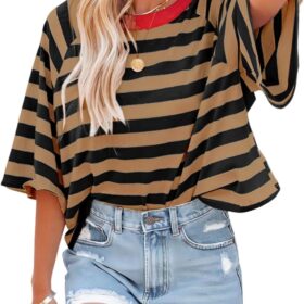 Dokotoo Tops for Women Striped 2024 Fashion T Shirts for Women Color Block Crewneck Design Loose Basic Tee  