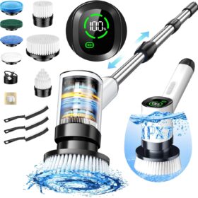Electric Spin Scrubber, IPX7 Waterproof Cordless Power Shower Scrubber with Extension Handle, 7 Replaceable Brush Head&3 Bristle Crevice Brushes, 2 Speeds Power Scrubber for Bathroom, Kitchen Cleaning                 