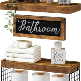 QEEIG ?Bathroom Shelves Over Toilet - Paper Storage Wall Mounted Farmhouse Decor Decorations Aesthetic Décor Sign Small Floating Wall Shelf 2+1 Set 16 inch, Rustic Brown (020BN)                 