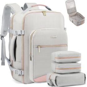 LOVEVOOK Carry on Travel Backpack, 40L Waterproof Large 17inch Laptop Luggage Daypack as Personal Item Flight Approved, Business Weekender Overnight with 3 Packing Cubes, Light gray-Pink                 
