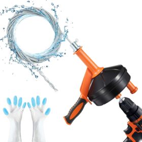 Drain Auger, Breezz Clog Remover with Drill Adapter, 25 Feet Flexible Plumbing Snake Use Manually or Powered for Kitchen,Bathrom and Shower Sink, Comes with Gloves(Orange)                 