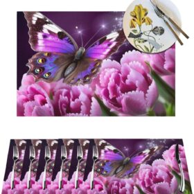 PVC Woven Placemats 1PCS - Heat Resistant Non-Slip Place Mats for Dining Table Mat Indoor Outdoor Table Mats Washable Purple Flower Butterfly Placemats for Kitchen Dining Coffee Table                 