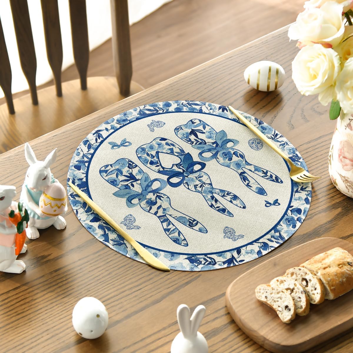Artoid Mode Blue and White Porcelain Bunny Rabbit Easter Placemats Set of 4, 14 Inch Spring Round Table Mats for Party Kitchen Dining Decoration                  - Image 3