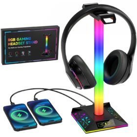 Hcman Headphone Stand Gaming Headset Holder RGB PC Gaming Accessories for Desk, Cool LED Headset Stand with 2 USB Charger for Gamer, Black                 