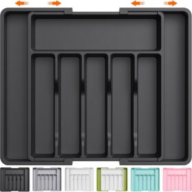 Lifewit Silverware Drawer Organizer, Expandable Utensil Tray for Kitchen, BPA Free Flatware and Cutlery Holder, Adjustable Plastic Storage for Spoons Forks Knives, Large, Black                 