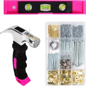 Picture Hanging Kit, 315pcs Hanging Hardware with Hooks, Wire, Nails, D Ring, Wall Hanging Kit with Hangers, Magnetic Level and Small Pink Claw Hammer, nails for hanging pictures for Home Decor                 