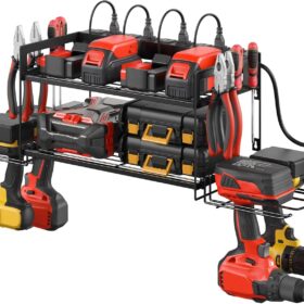 CCCEI Garage Tools Storage with Charging Station. Power Tool Battery Organizer Utility Shelf with Power Strip. 4 Drills Holder Wall Mount Rack, Black.                 