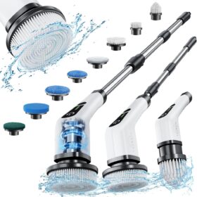 Leebein Electric Spin Scrubber, Cordless Cleaning Brush with 8 Replaceable Brush Heads, Tub and Floor Tile Power Scrubber Dual Speed with Adjustable & Detachable Handle for Bathroom Cleaning                 