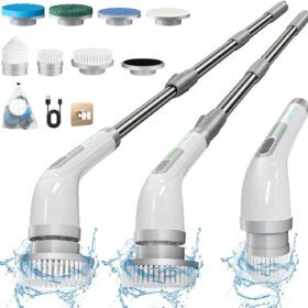 Electric Spin Scrubber, FARTVOLUS Cordless Cleaning Brush with 8 Replaceable Brush Heads, Bathroom and Floor Tile 360 Power Scrubber Dual Speed with Extension Handle for Bathtub, Kitchen, Window                 