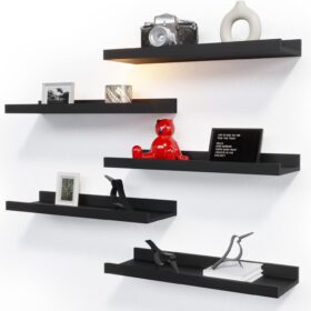 RICHER HOUSE 5 Set Floating Wall Mounted Shelves, Black Shelves for Wall Decor, Modern Picture Ledge Shelf with Lip for Storage, Nursery, Bedroom, Living Room, Bathroom - Black                 
