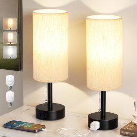 Bedside Table Lamps Set of 2-3 Color Temperatures Pull Chain Lamp with AC Outlet Charging Port, Small Round Night Stand Lamps for Bedroom Guest Room Office, Bed Side Light with E26 LED Bulbs              