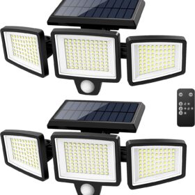 Tuffenough Solar Outdoor Lights 2500LM 210 LED Security Lights with Remote Control,3 Heads Motion Sensor Lights, IP65 Waterproof,270° Wide Angle Flood Wall Lights with 3 Modes(2 Packs)                 