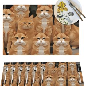 Placemats Set of 6 PCS Washable PVC Table Mats Heat Resistant Vinyl Woven Place Mats Orange Cats Placemats Non-Slip Wipeable Placemats for Kitchen Dining Table Decoration 18 x 12 Inch                 
