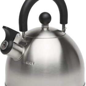 Primula Stewart Whistling Stovetop Tea Kettle Food Grade Stainless Steel, Hot Water Fast to Boil, Cool Touch Folding, 1.5-Quart, Brushed with Black Handle                 