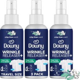 Downy Wrinkle Release Spray, Travel Size Spray, All In One Formula, Removes Wrinkles, Static and Odor Eliminator, Crisp Linen Scent, 3 Fl Oz, Pack of 3                 
