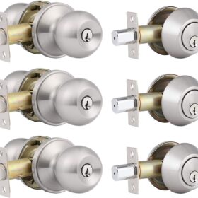 home improvement direct 3 Pack Keyed Alike Entry Door Knobs and Single Cylinder Deadbolt Lock Combo Set Security for Entrance and Front Door with Classic Satin Nickel Finish                 