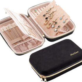 ProCase Large Travel Jewelry Organizer Case, Jewellry Home Storage Book Ring Binder with Clear Pockets for Presentation, Zippered Pouch Bag for Earrings Necklaces Bracelets -Black, Non-loose-leaf                 