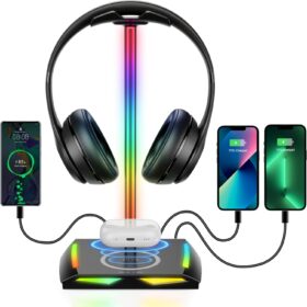 New bee RGB Headphone Stand with Wireless Charging and 2 USB-C & 1 USB Charging Ports, Desk Gaming Headset Holder with 7 Light Modes and Non-Slip Rubber Base Suitable for All Earphone Accessories                 