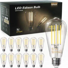 TJOY 12 Pack Vintage 8W ST58 LED Edison Light Bulbs, Dimmable, 60W Equivalent, 800Lumens, 2700K Warm White, E26 Base LED Filament Bulb, CRI80+, Antique Glass Style for Home, Bedroom, Office, Farmhouse              