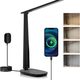 Honeywell Sunturalux LED Desk Lamp Dimmable Desk Light with USB A+C Dual Charging Port Eye-Caring Foldable Table Lamp with 4 Color Modes for Home Office Bedroom Reading Study Work HWT-H2B Black                 