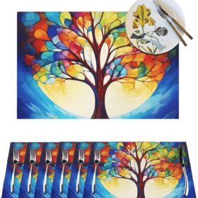 PVC Woven Placemats 4 PCS - Heat Resistant Non-Slip Place Mats for Dining Table Mat Indoor Outdoor Table Mats Washable Colorful Tree of Life Placemats for Kitchen Dining Coffee Table                 