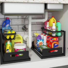 REALINN Under Sink Organizer, Pull Out Cabinet Organizer Slide Out Sink Shelf Cabinet Storage Shelves, Storages for Kitchen Bathroom, Black, 2 Pack                 