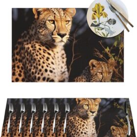 PVC Woven Placemats 4 PCS - Heat Resistant Non-Slip Place Mats for Dining Table Mat Indoor Outdoor Table Mats Washable Wild Animal Leopard Placemats for Kitchen Dining Coffee Table                 