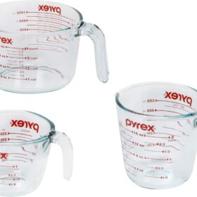 Pyrex 3 Piece Measuring Cup Set, Includes 1, 2, and 4 Tempered Glass Liquid Measuring Cups, Dishwasher, Freezer, Microwave, and Oven Safe, Essential Kitchen Tools                 