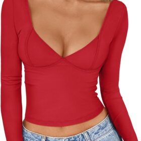 Trendy Queen Womens Tops Trendy Fashion Clothes Going Out Long Sleeve Shirts V Neck Basic Y2K Cute Shirt Slim Fitted Corset                 