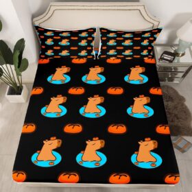 Cartoon Wild Animals Bed Sheet Set Watercolor Plant Fruit Fitted Sheet for Ultra Soft Cute Capybara Bedding Cover Set Room Decor Queen (No Flat Sheet)                 