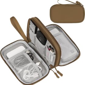 FYY Electronic Organizer, Travel Cable Organizer Bag Pouch Electronic Accessories Carry Case Portable Waterproof Double Layers Storage Bag for Cable, Charger, Phone, Earphone, Medium Size- Brown                 